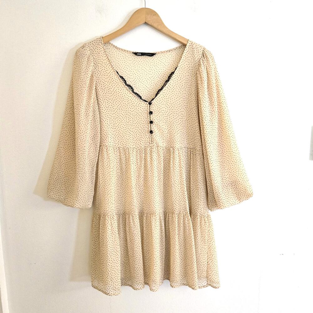 Zara Cream Black Polka Dot Tiered Babydoll Mini Dress Lace V-Neck Size S